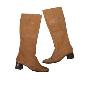 Vintage 70s Cobbies Tan Leather Knee High Heeled Go Go Boots 7.5 N